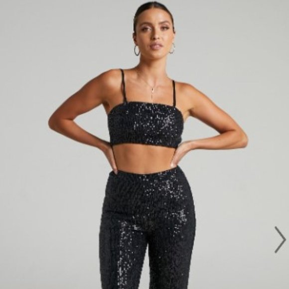 IMOGEN 2 PIECE SET - BANDEAU TOP & STRAIGHT PANTS SET: BLACK SEQUIN (US 4) - Picture 1 of 3